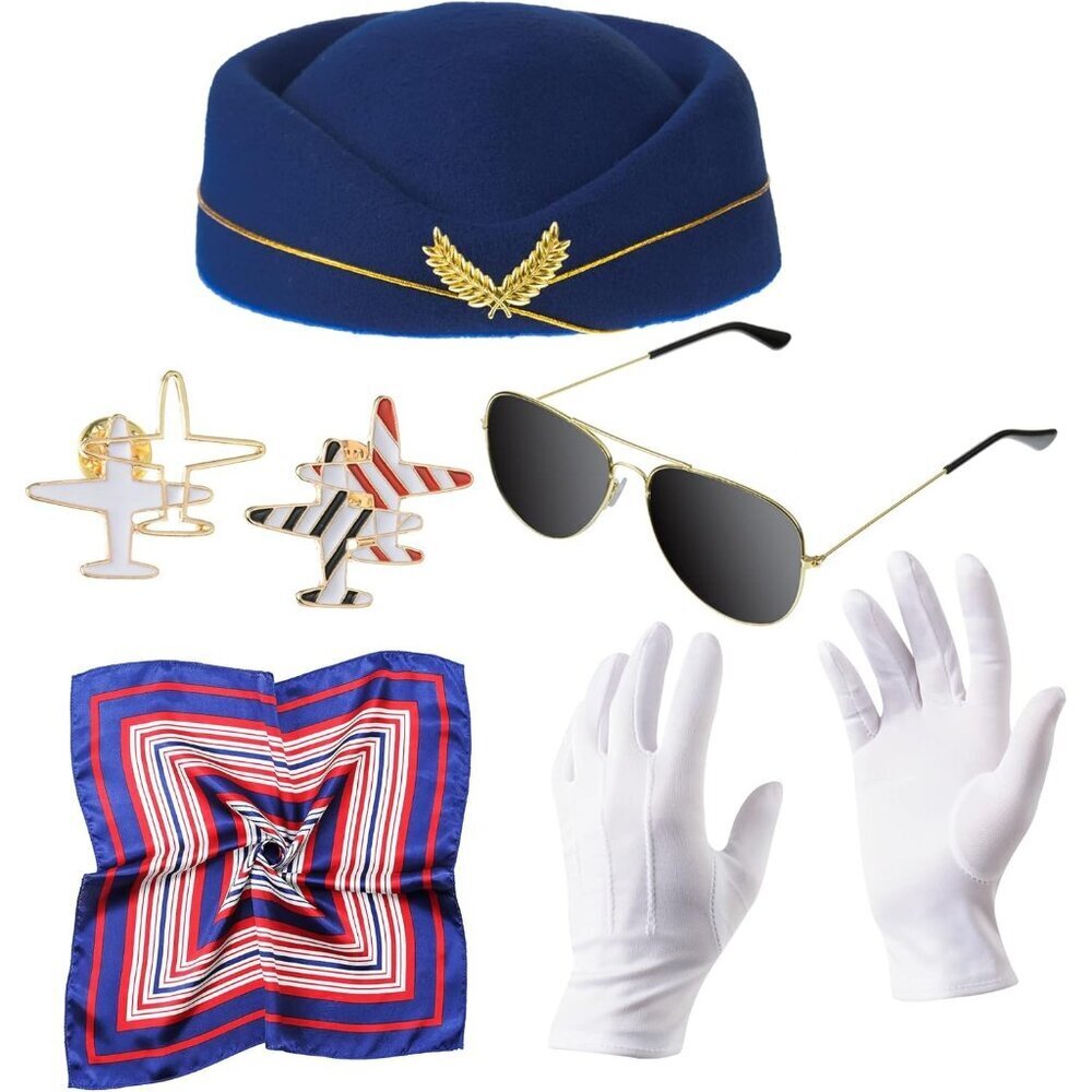 Flight Attendant Costume Accessories Navy Blue Hat Scarf Gloves Aviator Sunglass